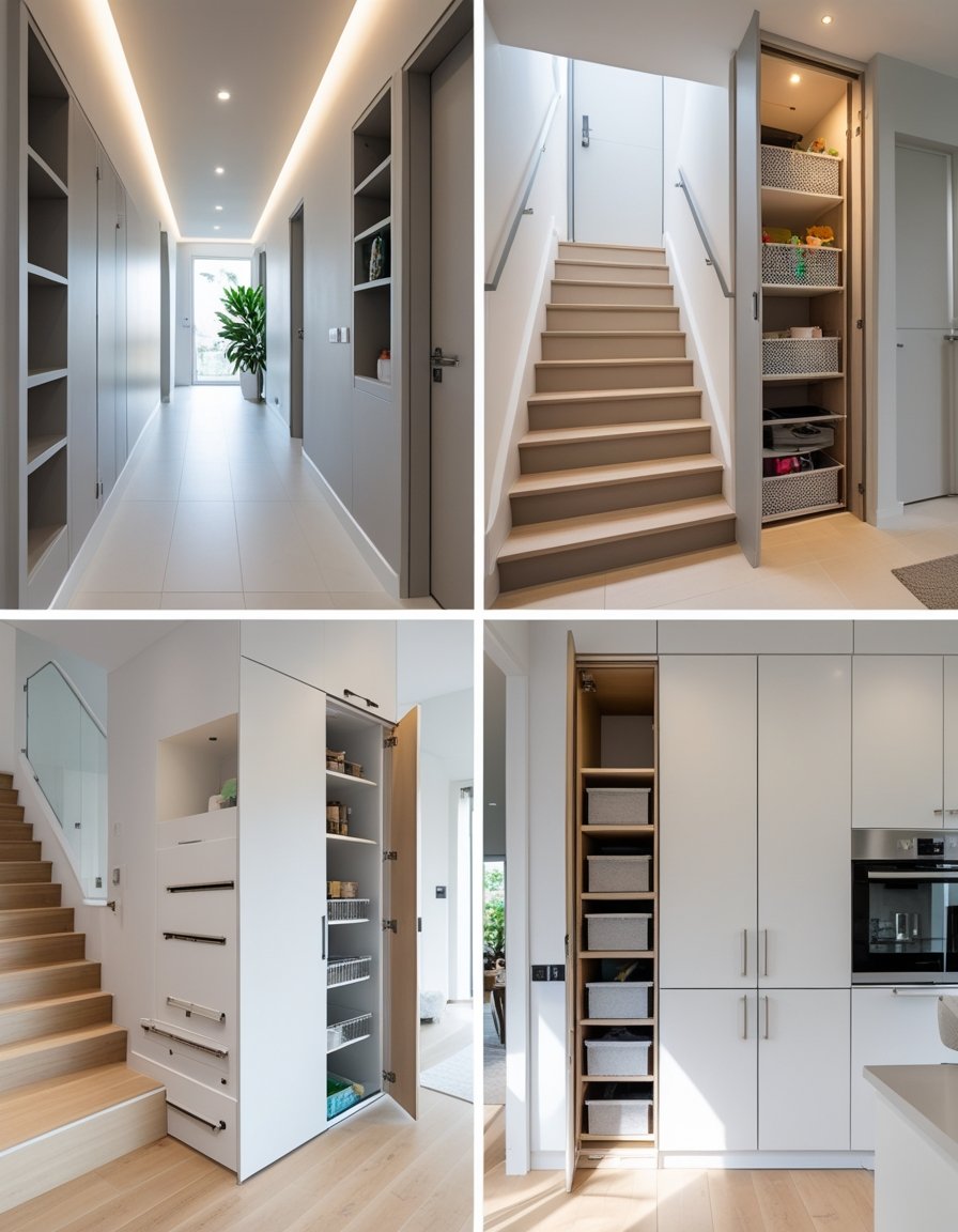 A modern home interior showing hidden storage spaces in walls, doors, and under stairs with organized shelves and cabinets.