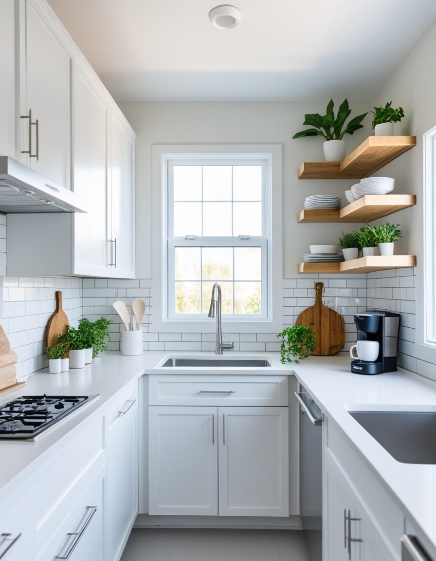 A bright rental kitchen with white cabinets, open shelves, plants, and kitchen accessories, showing a stylish and personalized look without renovations.