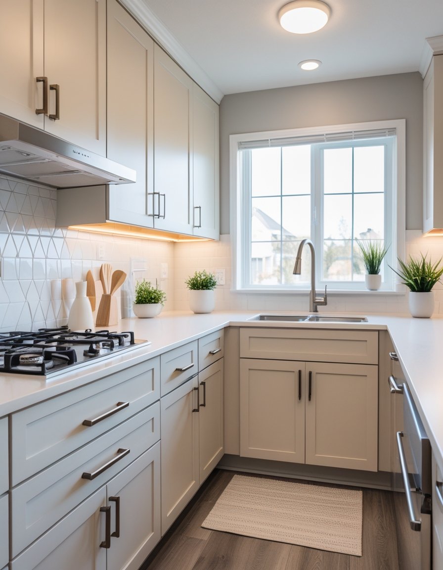 A rental kitchen with updated cabinet handles and knobs, painted cabinets, a geometric tile backsplash, and natural light coming through a window.