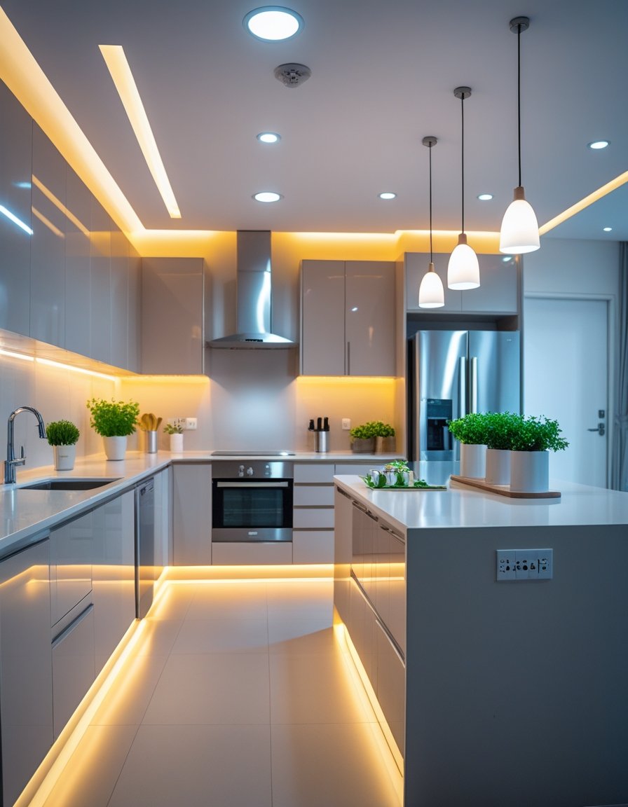 A modern rental kitchen illuminated with under-cabinet lights, pendant lights, and recessed ceiling lights, featuring clean cabinetry and stainless steel appliances.