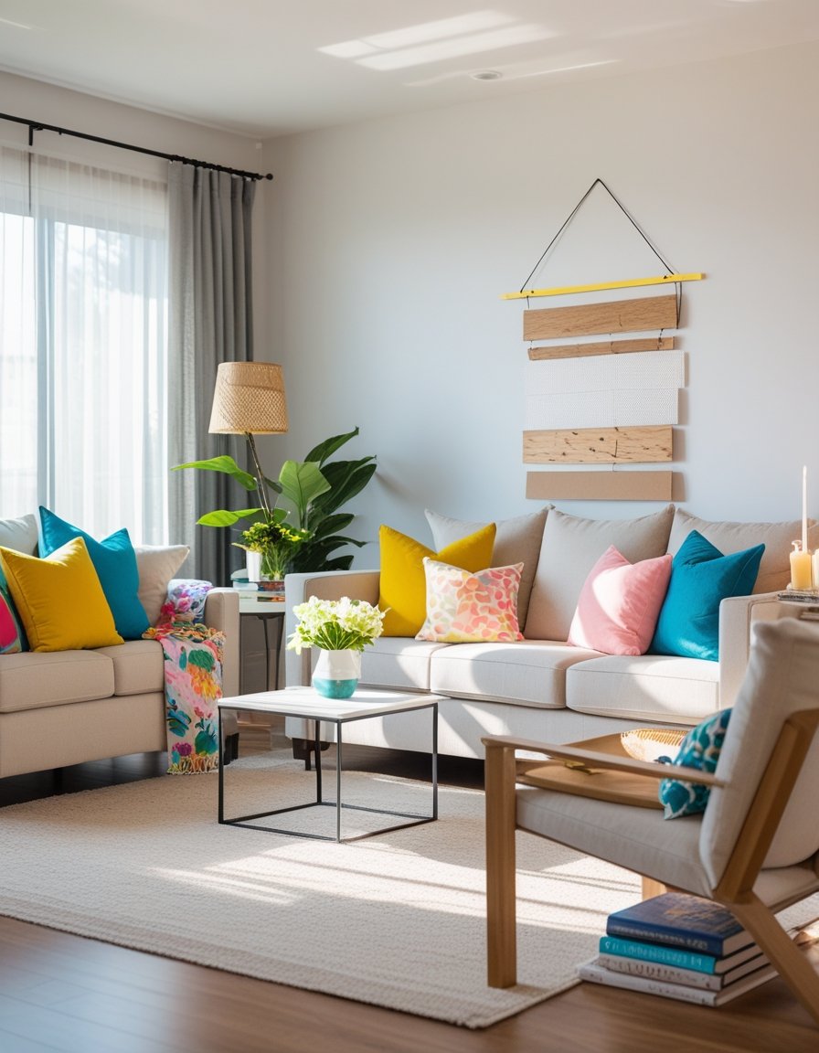 A cozy living room with a sofa, coffee table, wall art, and natural light coming through large windows.
