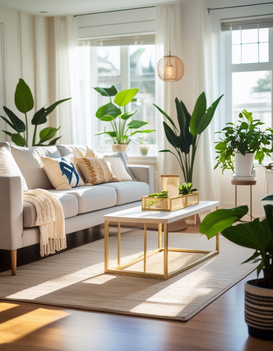 A bright living room with a modern sofa, coffee table, indoor plants, and a stylish DIY decor piece, illuminated by natural sunlight.