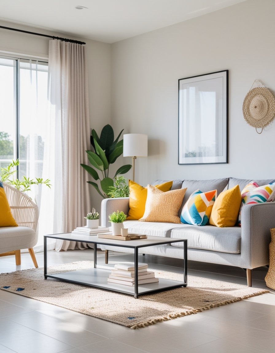 A bright living room with a sofa, coffee table, plants, and artwork, well-lit by natural light.