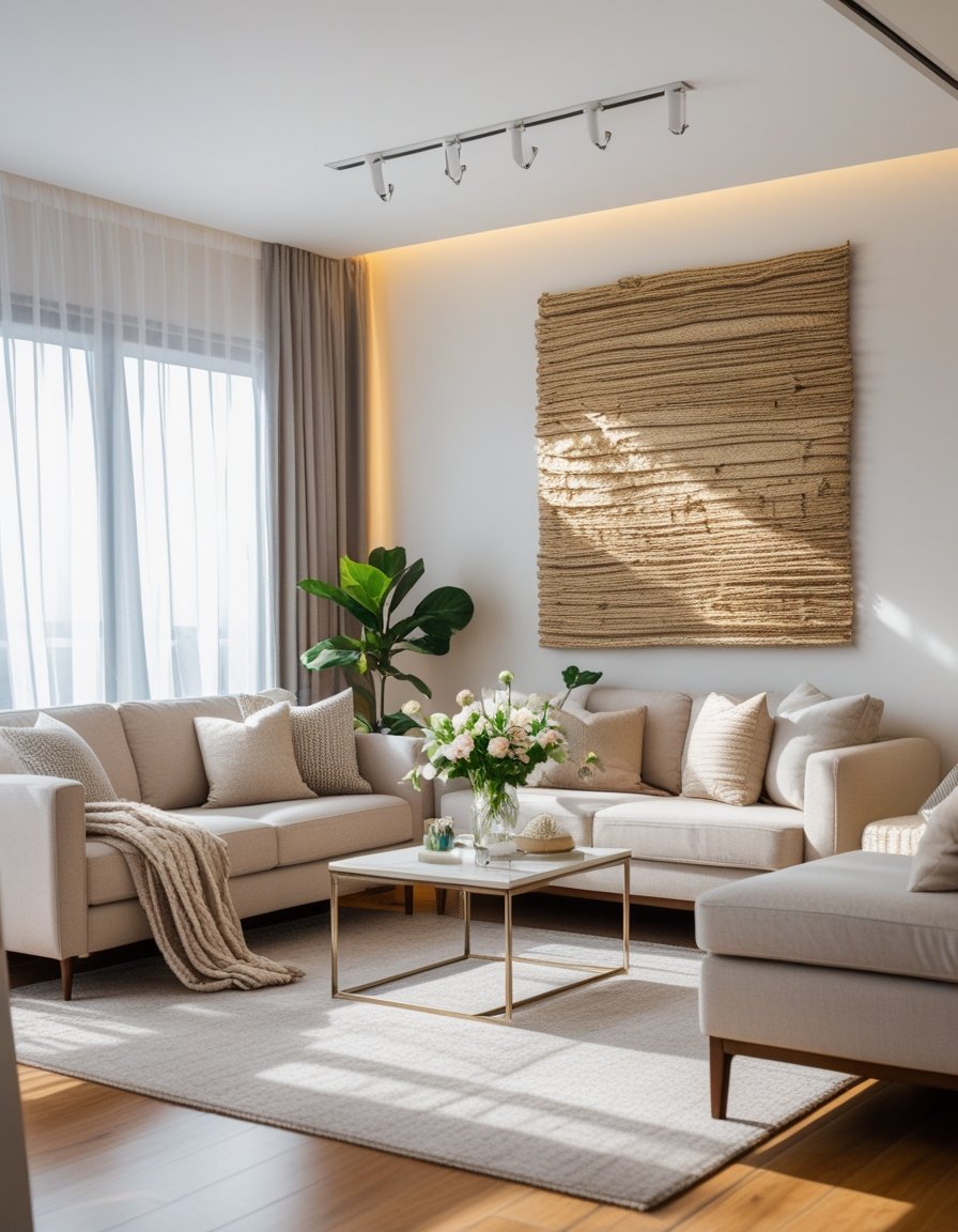 A bright living room with a sofa, coffee table, decorative wall art, and natural light coming through sheer curtains.