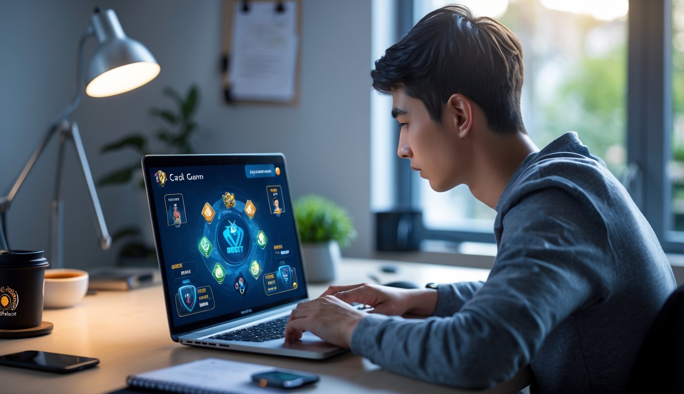 Seorang pria muda sedang fokus bermain permainan kartu online di laptop di ruang kerja yang rapi dan terang.