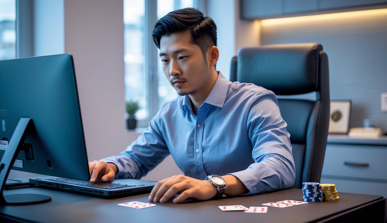 Seorang pria Asia duduk di meja dengan laptop, fokus bermain permainan kartu online di ruang kerja modern.