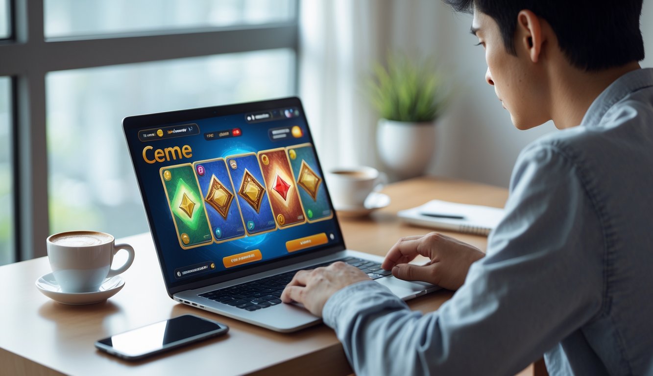 Seorang pemuda duduk di meja kerja memainkan permainan kartu online di laptop dengan suasana ruangan yang terang dan nyaman.