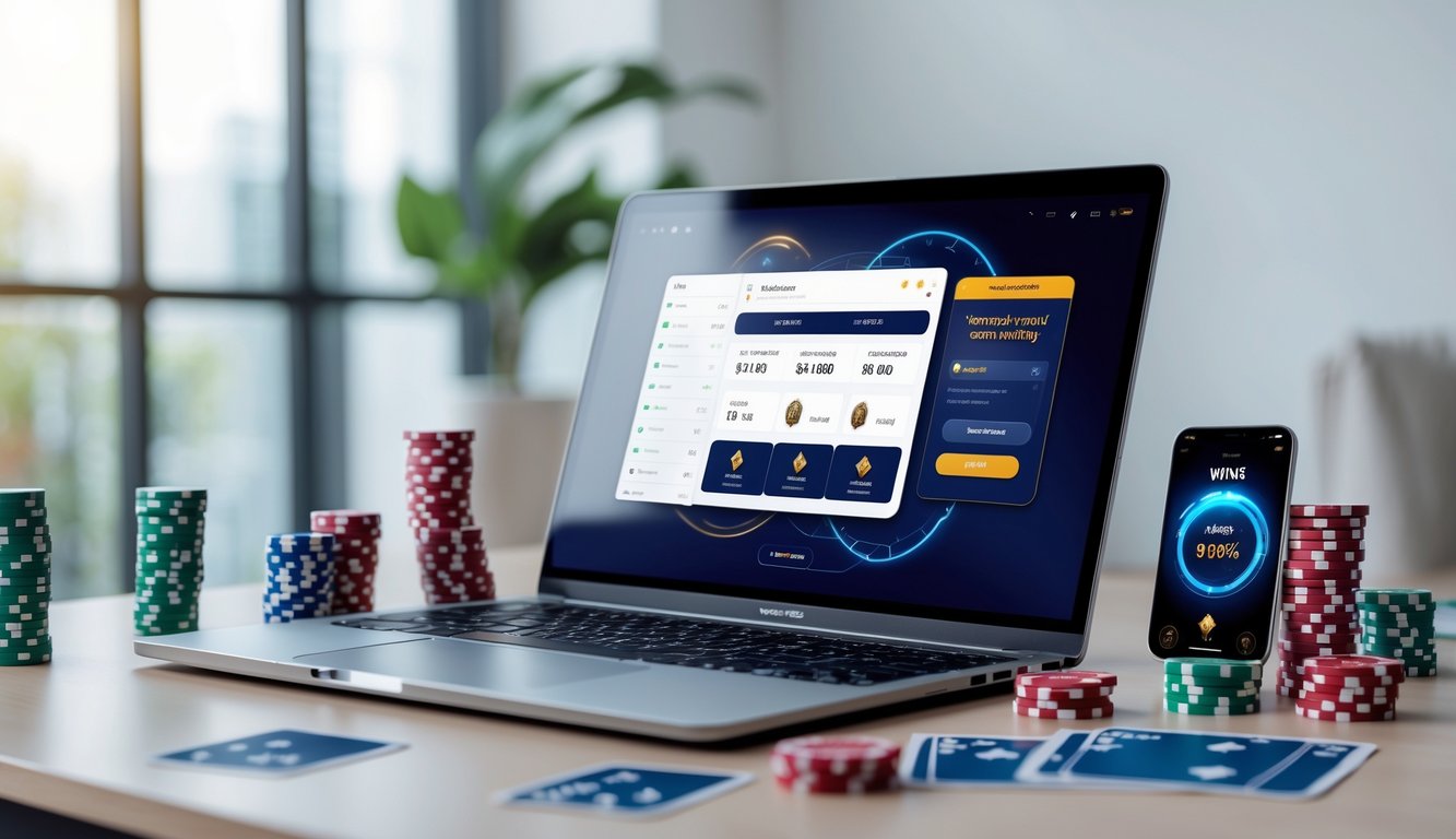 Orang menggunakan laptop di meja kerja dengan kartu remi dan chip poker di sekitarnya, menunjukkan aktivitas permainan online yang terpercaya dan peluang menang tinggi.