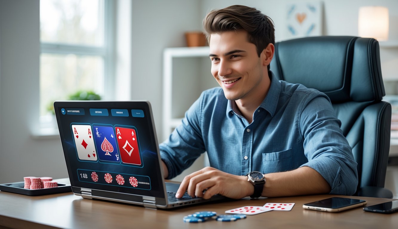 Seorang pria muda duduk di meja dengan laptop yang menampilkan permainan kartu online, terlihat fokus dan senang di ruangan kantor rumah yang terang.