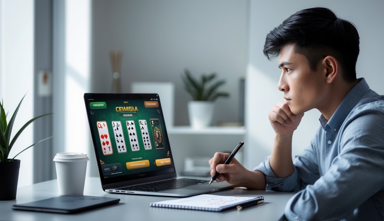 Seorang dewasa muda duduk di meja dengan laptop terbuka, menulis catatan sambil memperhatikan permainan kartu online di layar.