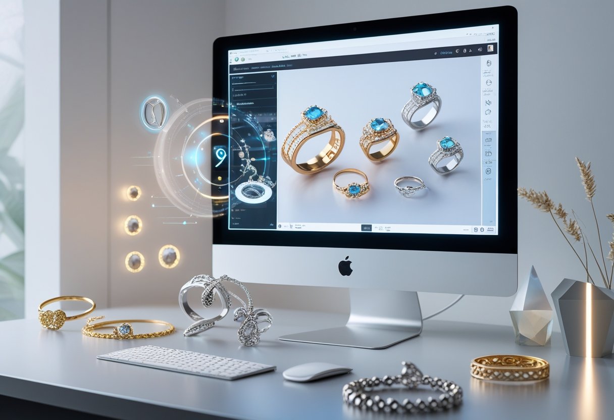 A workspace with a computer displaying detailed 3D jewelry designs and physical jewelry pieces on a desk.