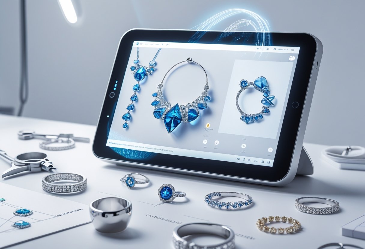 A workspace showing digital jewelry designs on a screen surrounded by elegant jewelry pieces and design tools.