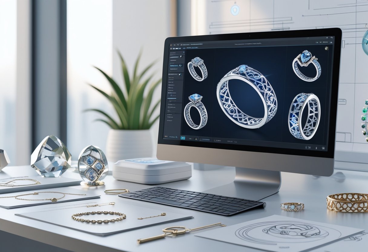 A workspace with a computer showing digital jewelry designs, surrounded by sketches and jewelry pieces.