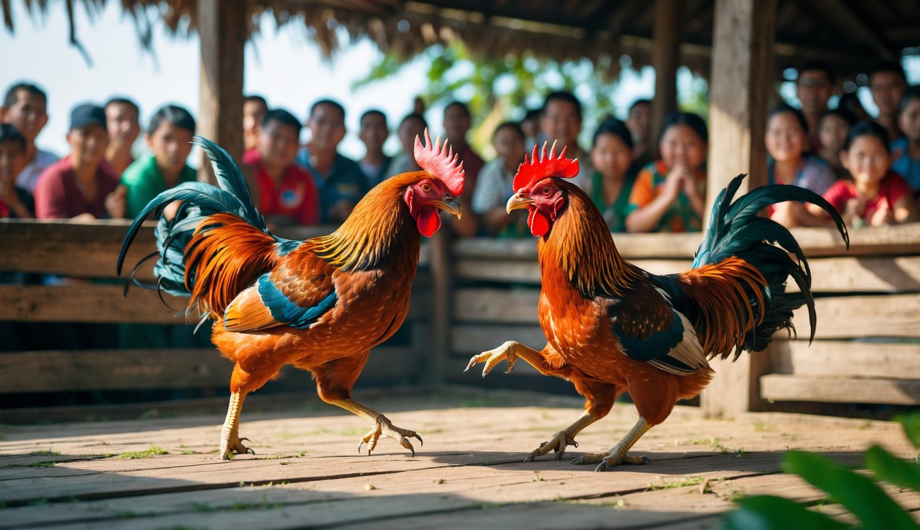 Dua ayam jago sedang bertarung di arena kayu dengan penonton di latar belakang.