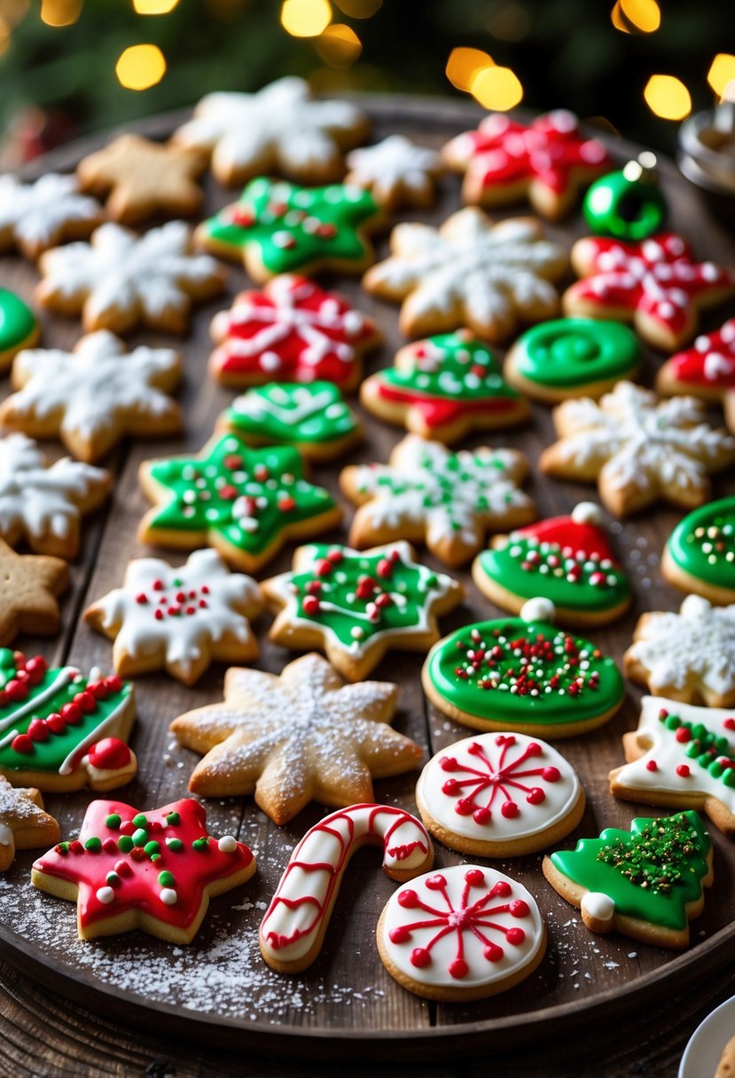 A collection of 25 decorated Christmas cookies arranged on a wooden table with holiday-themed shapes and colorful icing.