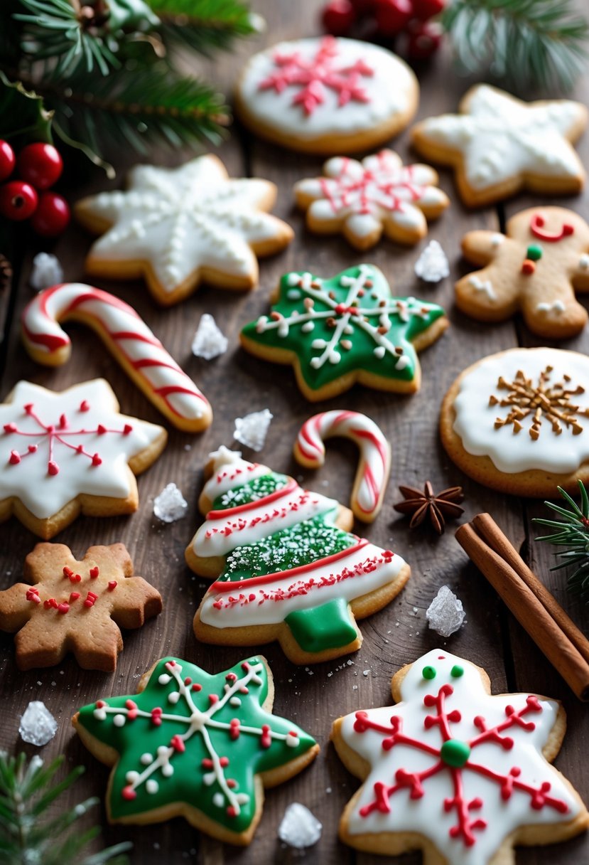 A plate of assorted decorated Christmas sugar cookies on a wooden table with holiday greenery and cinnamon sticks around them.
