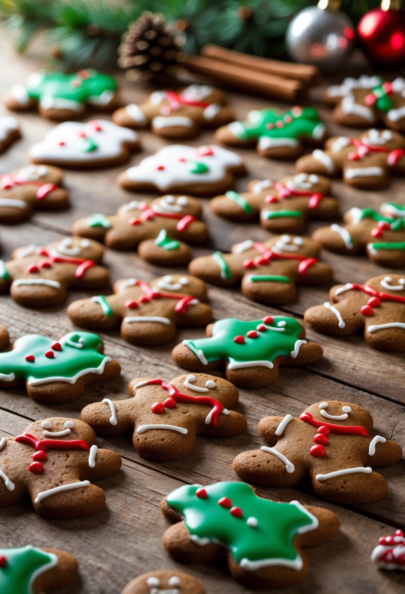 Twenty-five gingerbread men Christmas cookies decorated with icing arranged on a wooden surface with holiday decorations in the background.