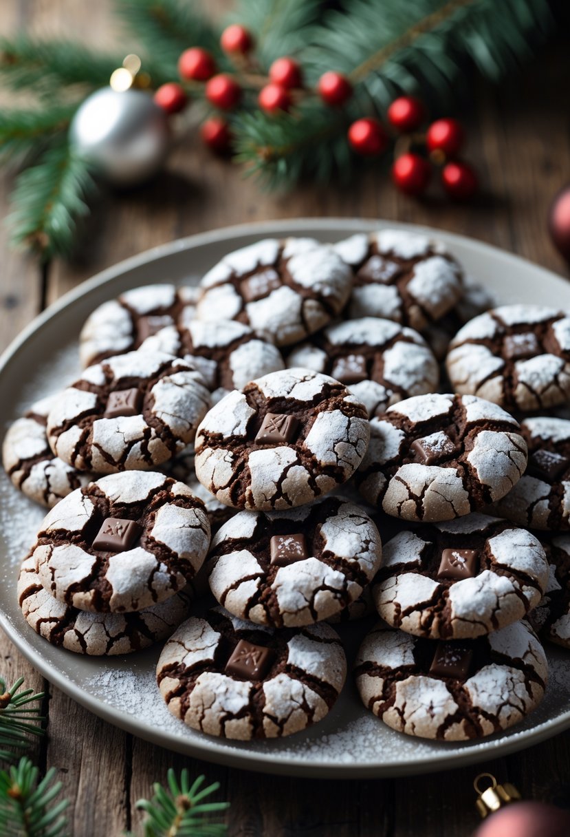A plate with 25 chocolate crinkle cookies dusted with powdered sugar on a wooden table with Christmas decorations in the background.