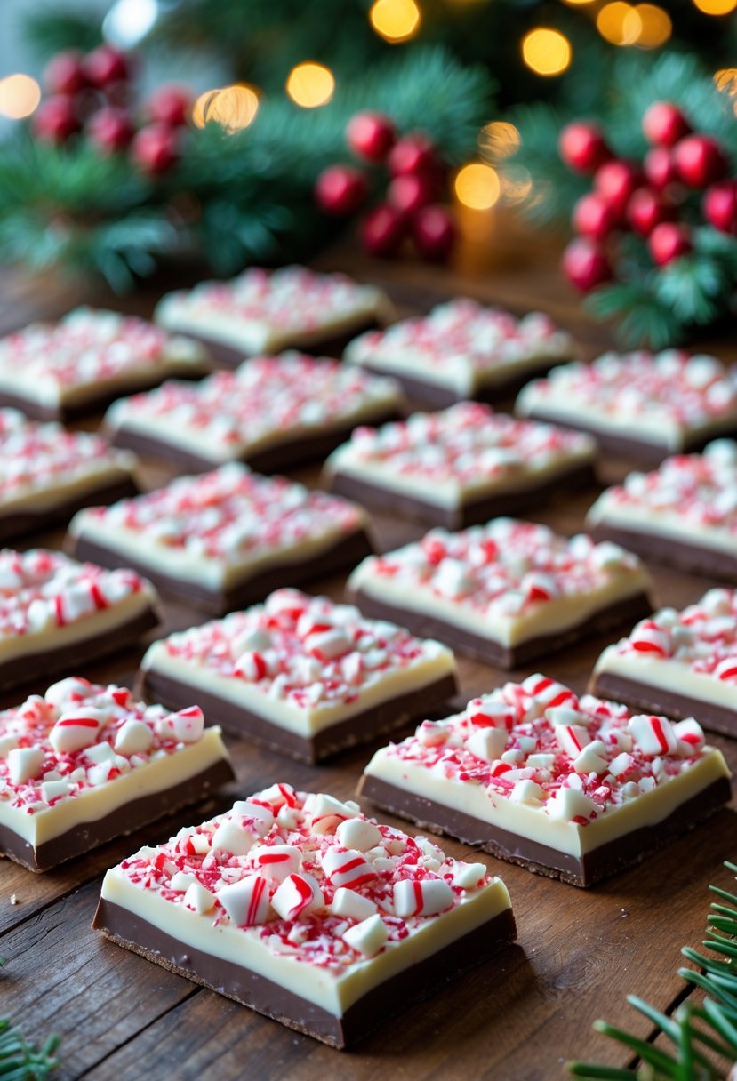 A plate of 25 peppermint bark cookies arranged on a wooden table with Christmas decorations in the background.