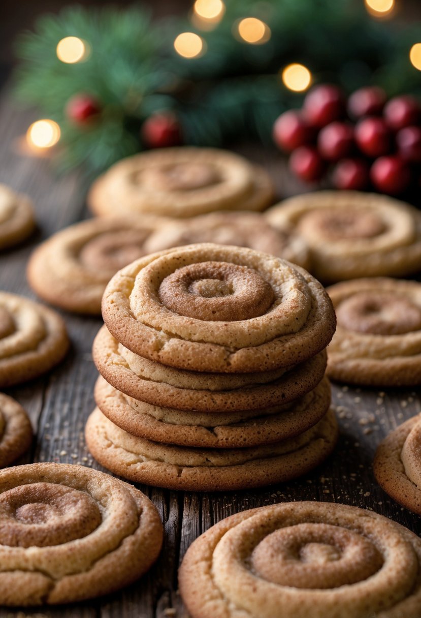 A plate of 25 snickerdoodle cookies on a wooden table with Christmas decorations and warm lights in the background.