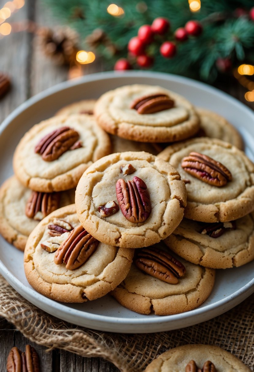 A plate of golden butter pecan cookies with pecans on a wooden table decorated with Christmas pine branches and red berries.