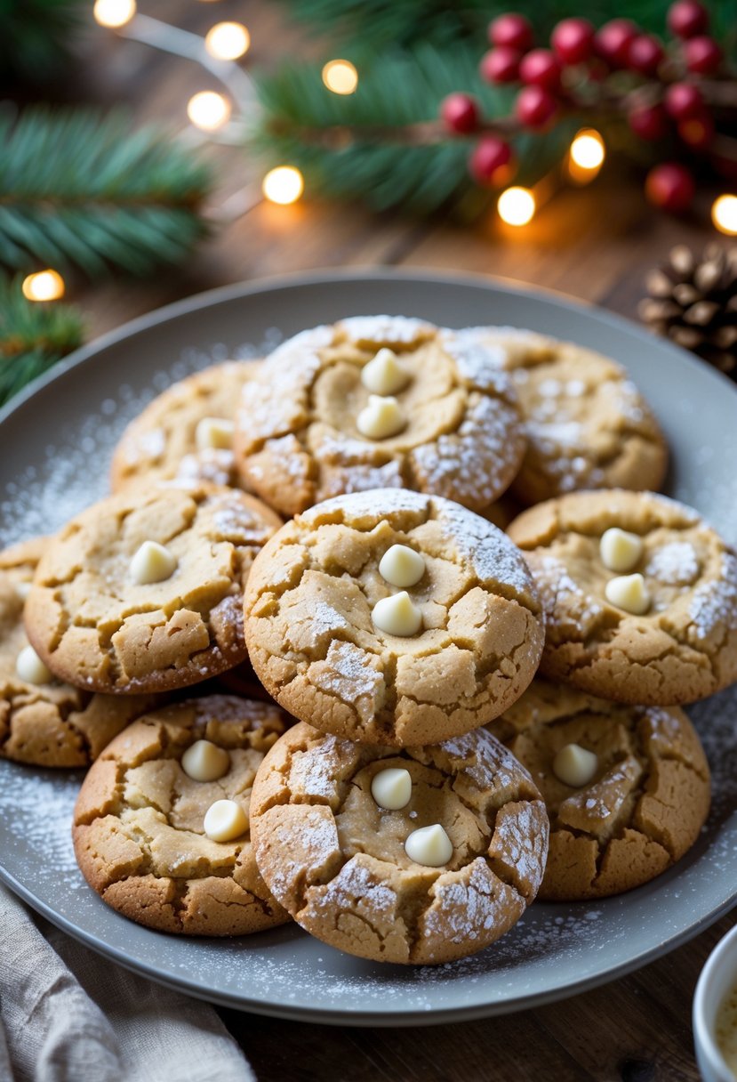 Plate of eggnog cookies on a wooden table with Christmas decorations and warm lights in the background.