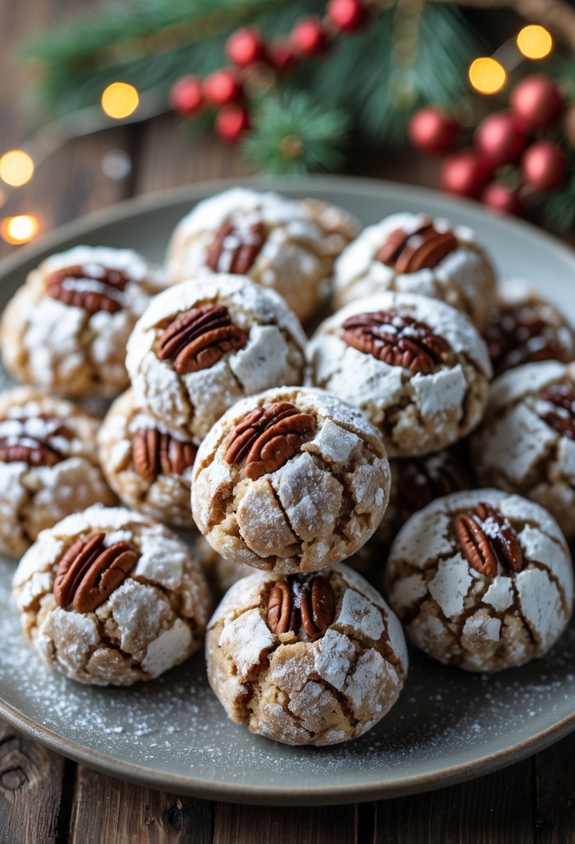 A plate of round pecan snowball cookies dusted with powdered sugar on a wooden table with Christmas decorations in the background.