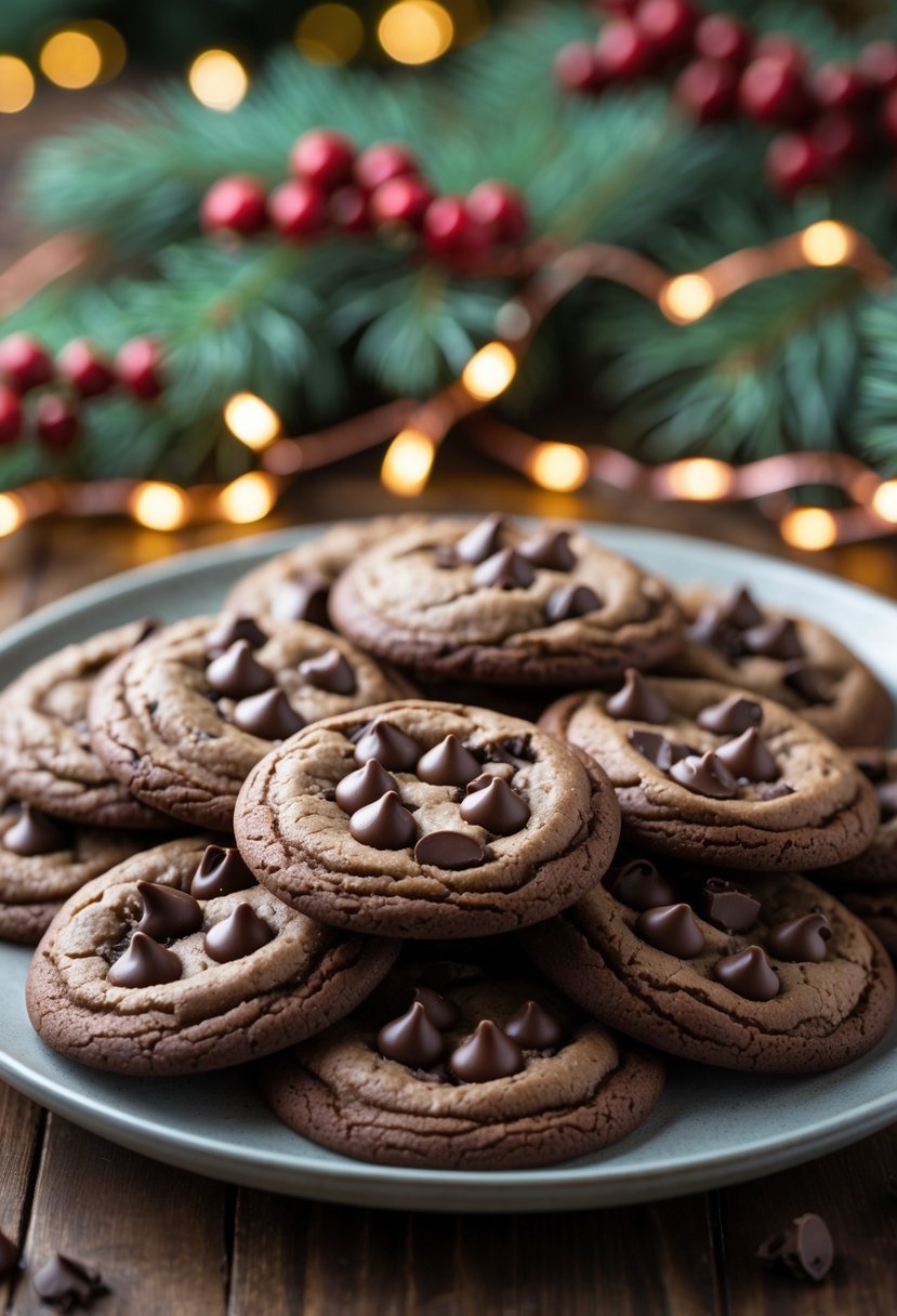 A plate of double chocolate chip cookies surrounded by Christmas decorations and warm holiday lights.