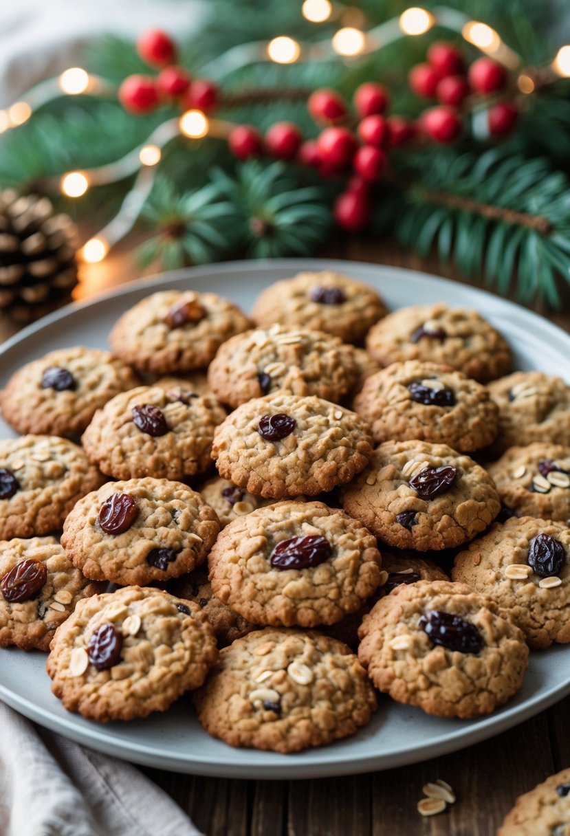 A plate with 25 oatmeal raisin cookies surrounded by Christmas decorations on a wooden table.