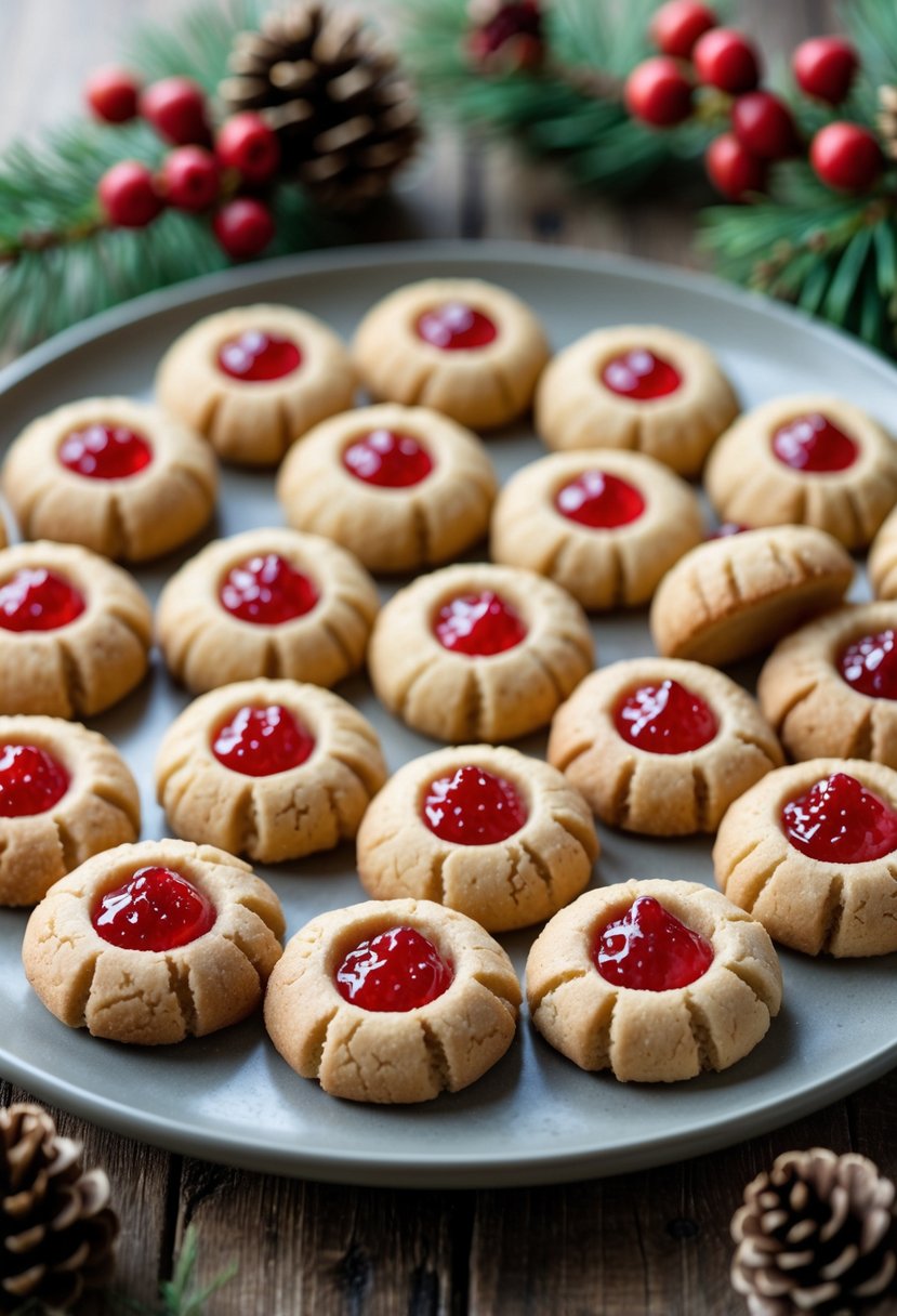 A plate of 25 thumbprint cookies with red jam centers on a wooden table decorated with pine branches and Christmas accents.