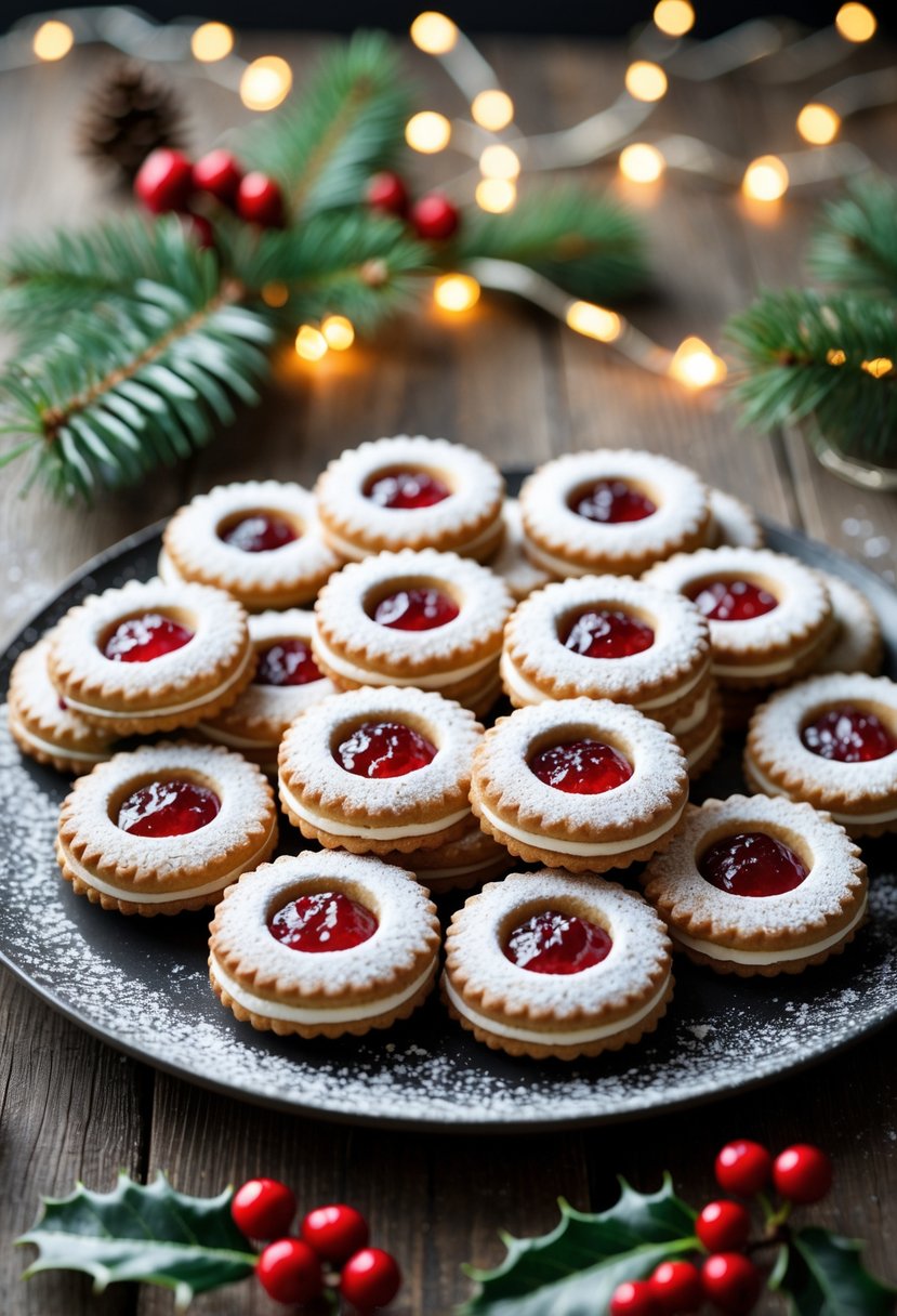 A plate with 25 Linzer cookies dusted with powdered sugar and filled with red jam, surrounded by holiday decorations on a wooden table.