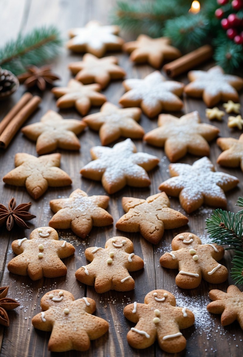 A plate of 25 molasses Christmas cookies shaped like stars, trees, and gingerbread men on a wooden table with holiday spices and pine branches around them.