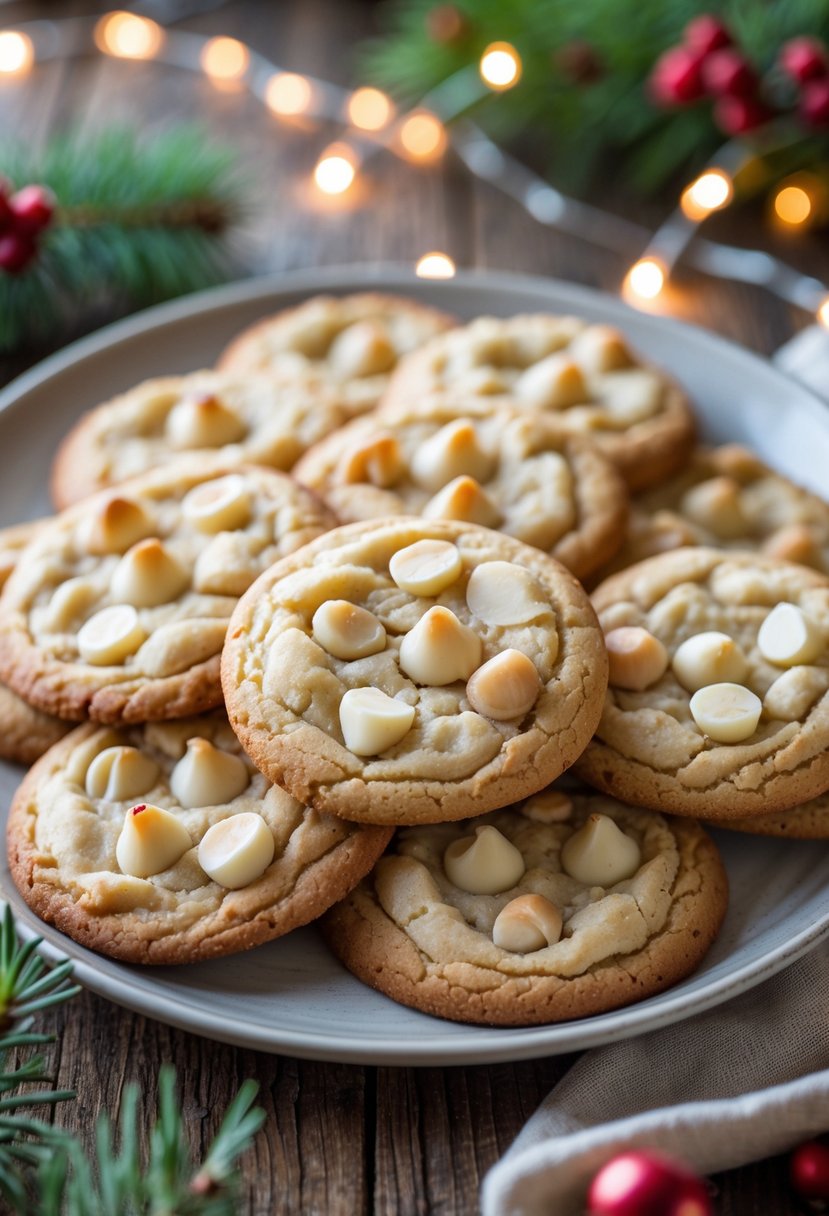 Plate of white chocolate macadamia nut cookies on a wooden table with Christmas decorations around.