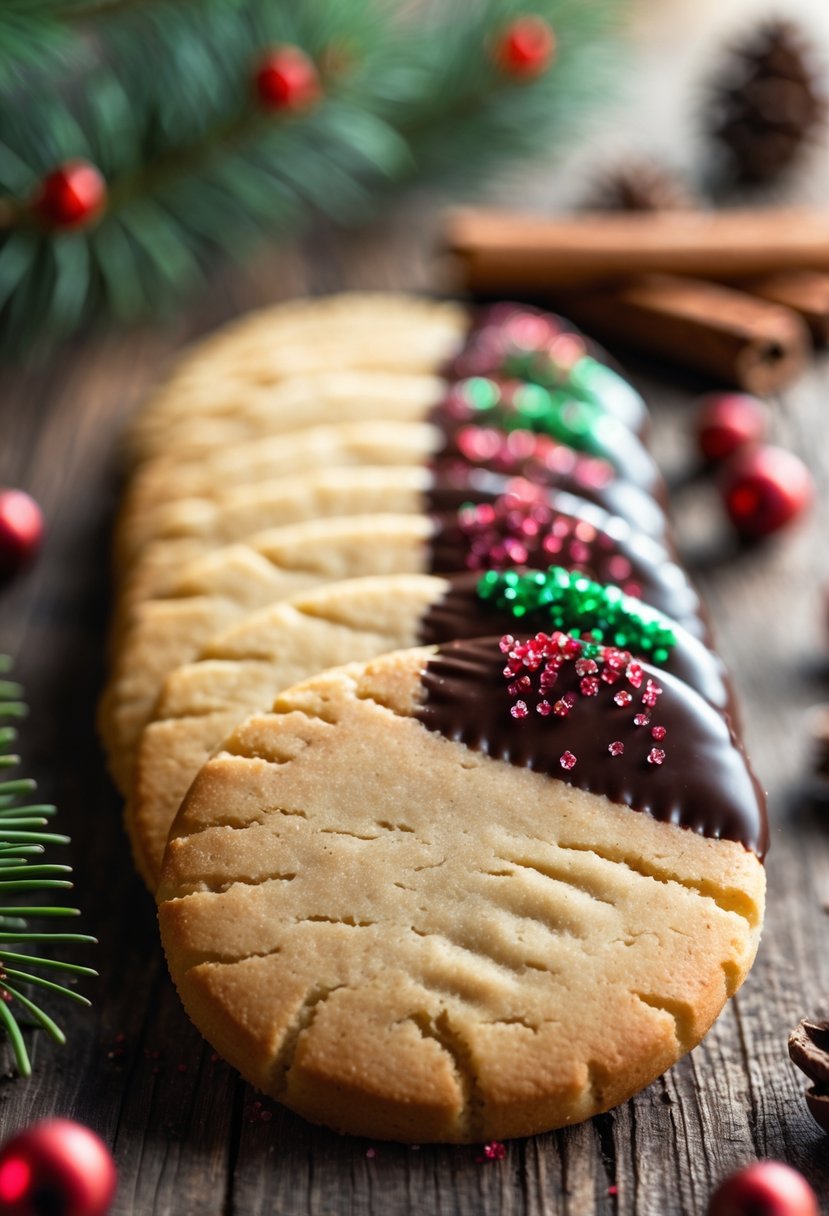 Twenty-five chocolate-dipped shortbread Christmas cookies arranged on a wooden surface with holiday decorations around them.