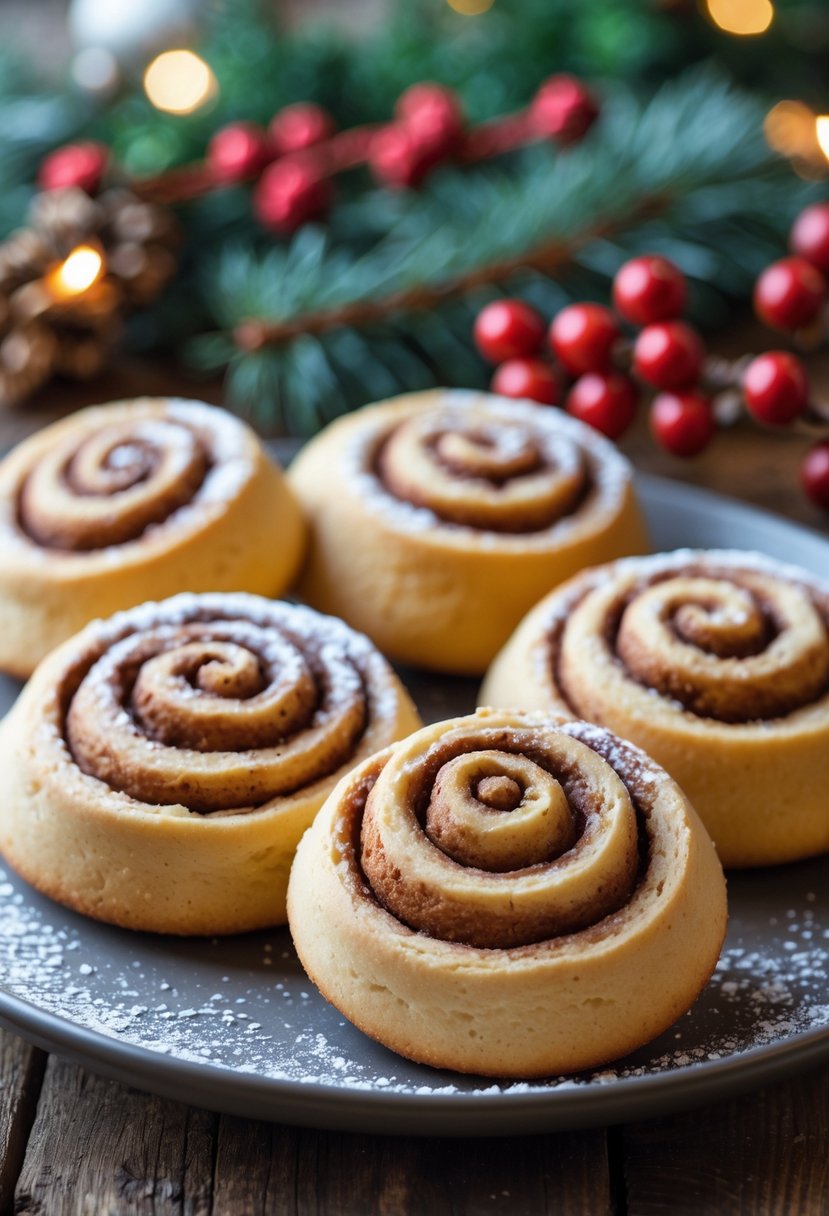 A plate of cinnamon roll cookies on a wooden table with Christmas decorations in the background.