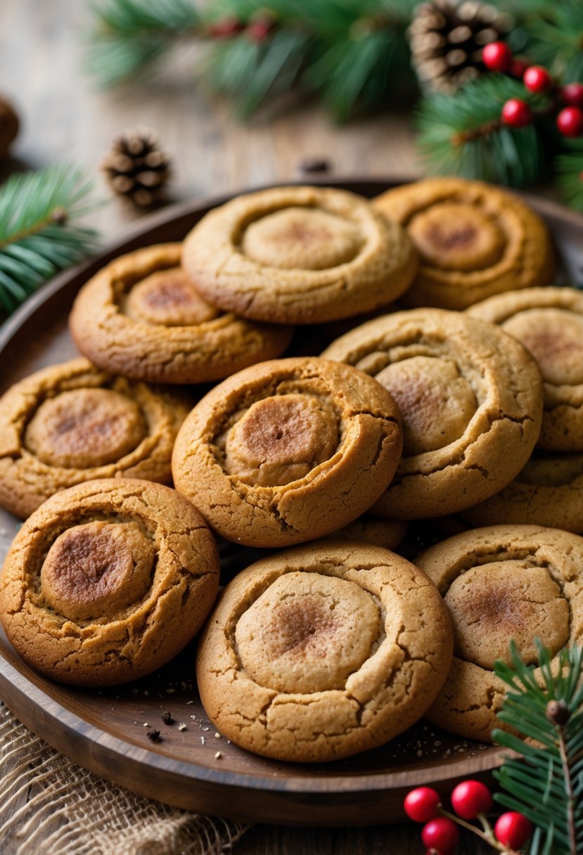 A platter of pumpkin spice cookies with Christmas decorations including pine branches and berries.