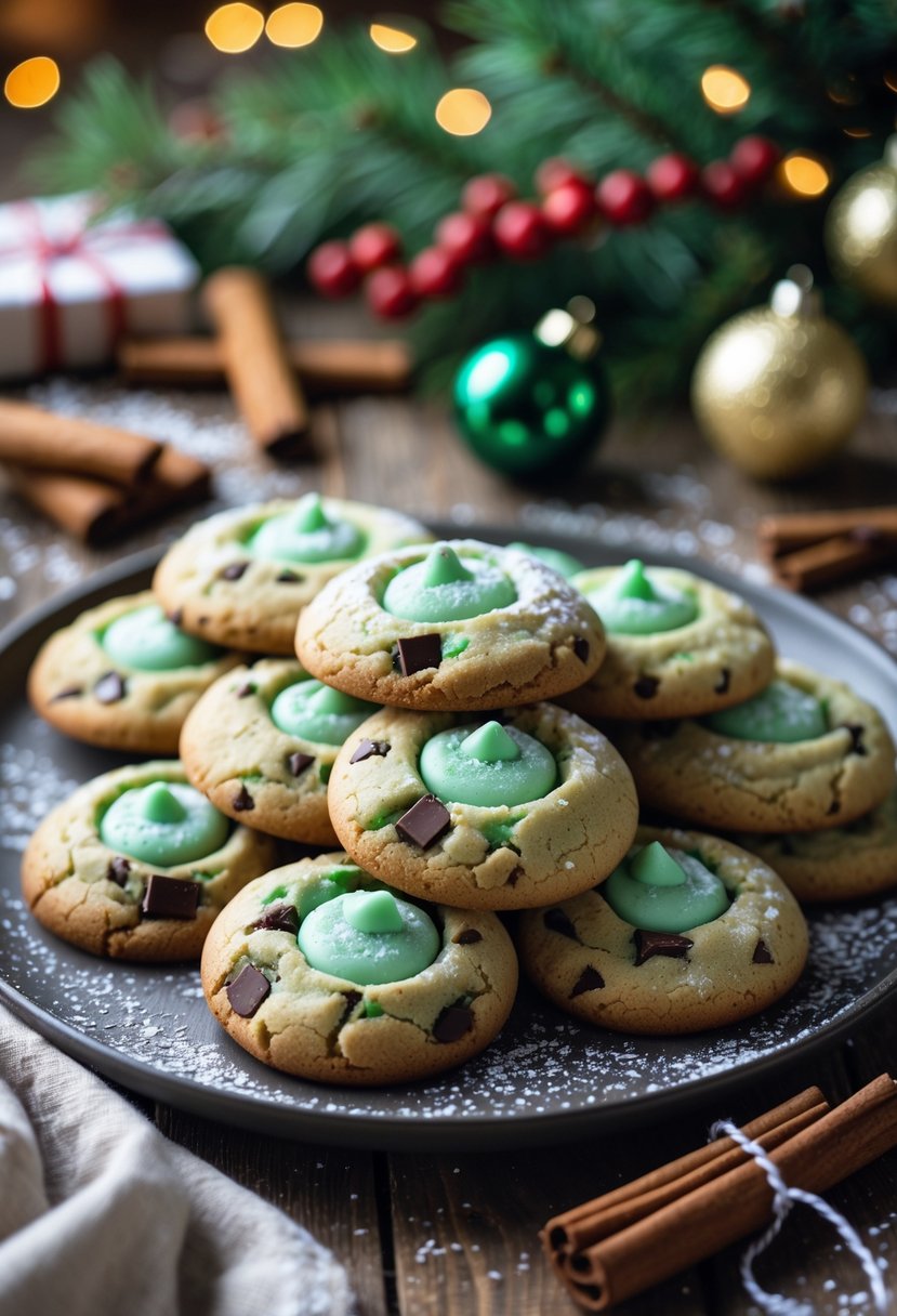 A plate of mint chocolate chip cookies surrounded by Christmas decorations on a wooden table.