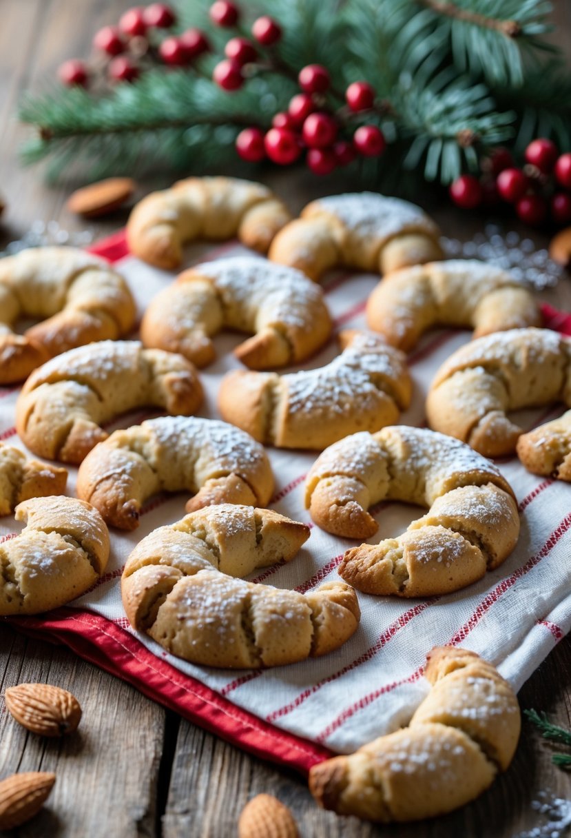 Twenty-five crescent-shaped almond cookies dusted with powdered sugar arranged on a wooden table with Christmas decorations around them.