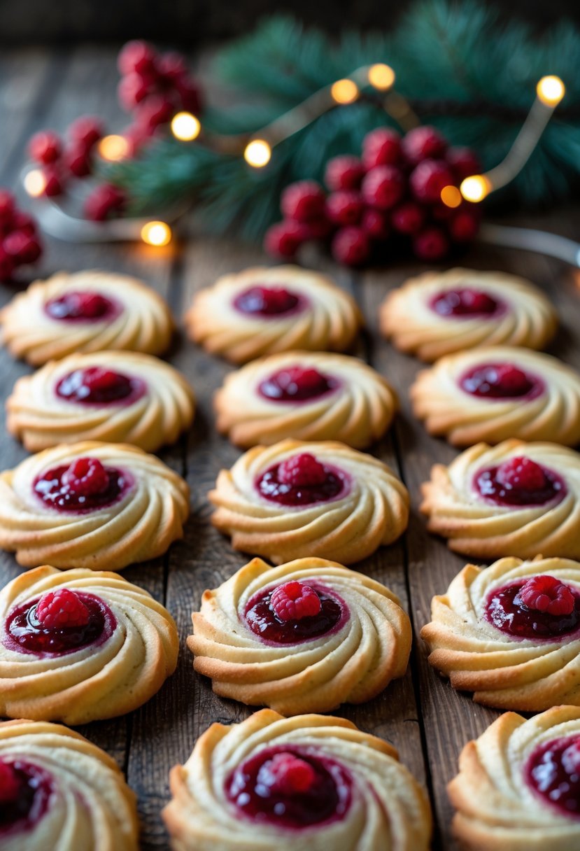 Twenty-five raspberry pinwheel cookies arranged on a wooden surface with Christmas decorations in the background.