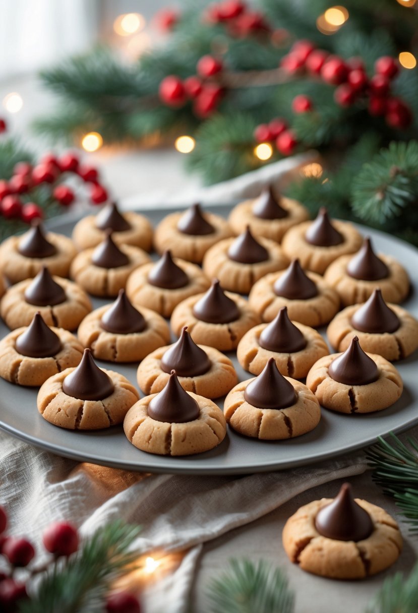 A plate with 25 peanut butter cookies topped with chocolate kisses on a holiday-themed table with Christmas decorations.