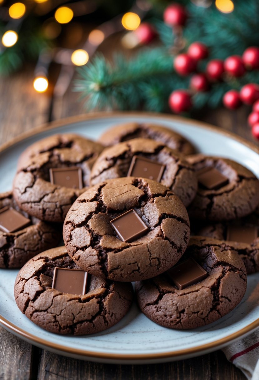A plate of espresso chocolate cookies on a wooden table with Christmas decorations in the background.