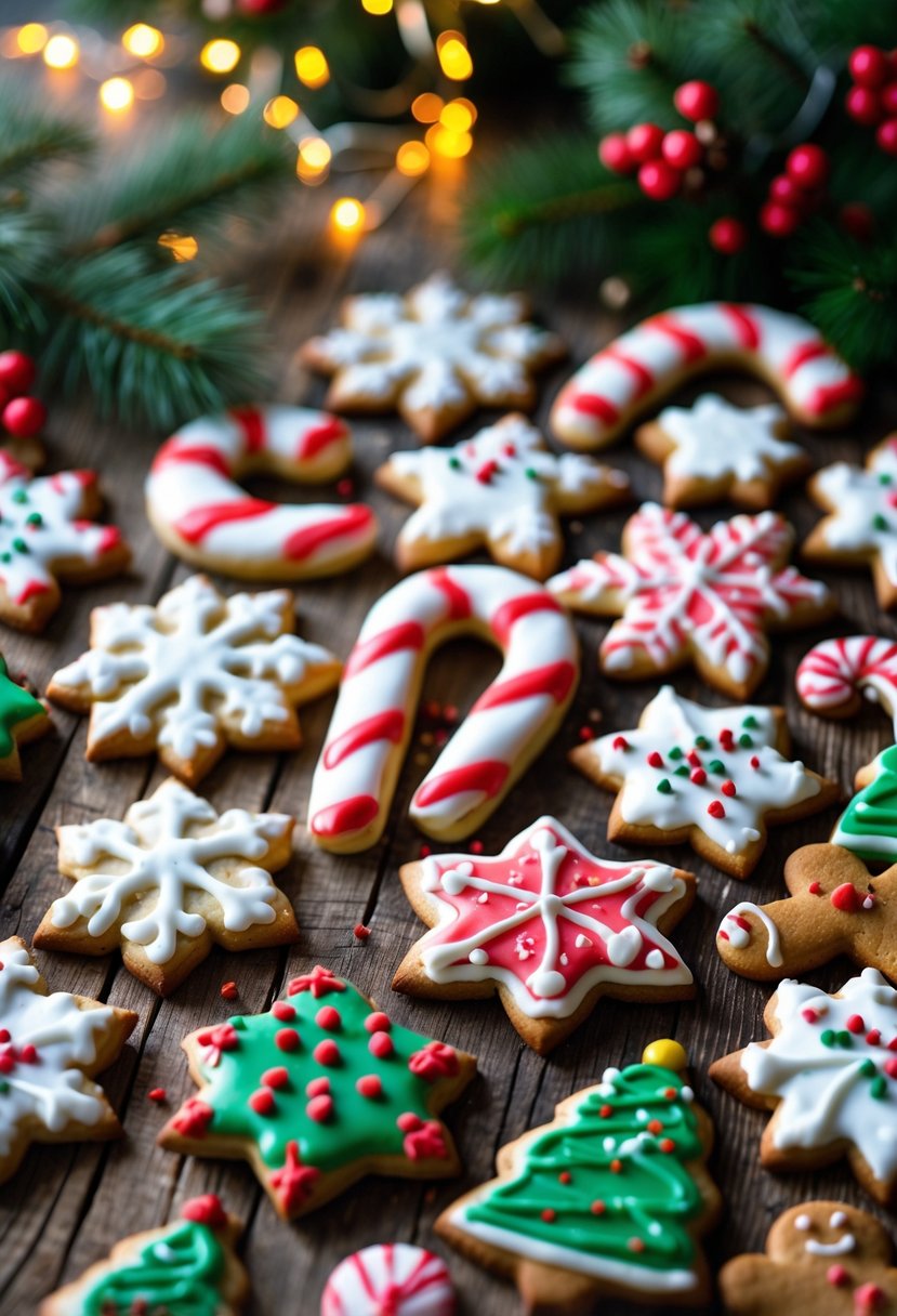 A collection of 25 Christmas cookies including candy cane-shaped cookies arranged on a wooden table with holiday decorations in the background.
