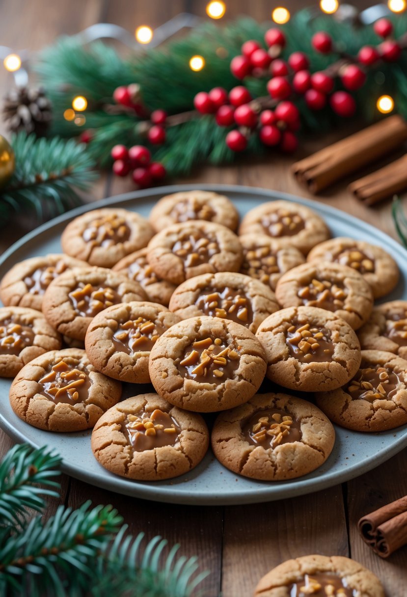 A plate of 25 toffee crunch Christmas cookies on a wooden table with holiday decorations around.
