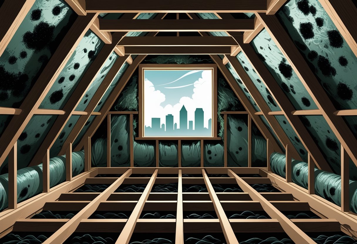 Cross-section of a home attic with visible mold on wooden beams and insulation, showing poor air quality and a faint view of the Atlanta skyline through a window.