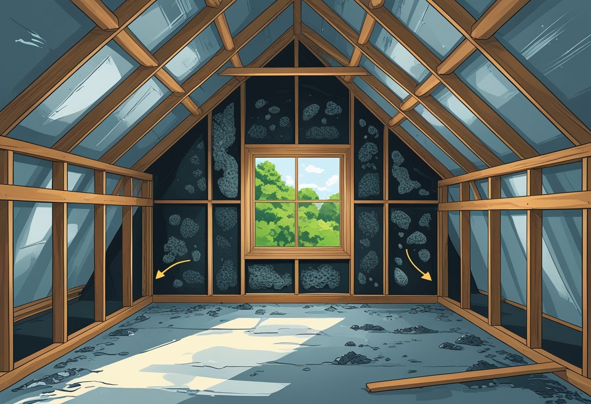 Cross-sectional view of a house attic showing mold growth on wooden beams and insulation, with signs of moisture and poor ventilation, set in a residential neighborhood.