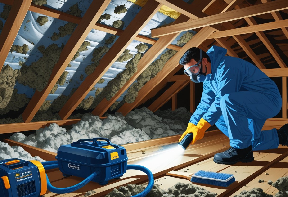 A professional worker wearing protective gear inspects moldy wooden beams inside an attic with cleaning equipment nearby.
