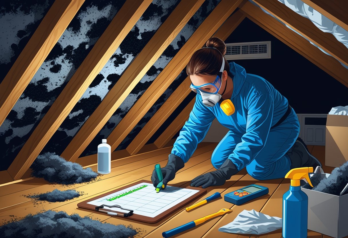 A person wearing protective gear inspecting mold patches in a wooden attic with tools and cleaning supplies nearby.