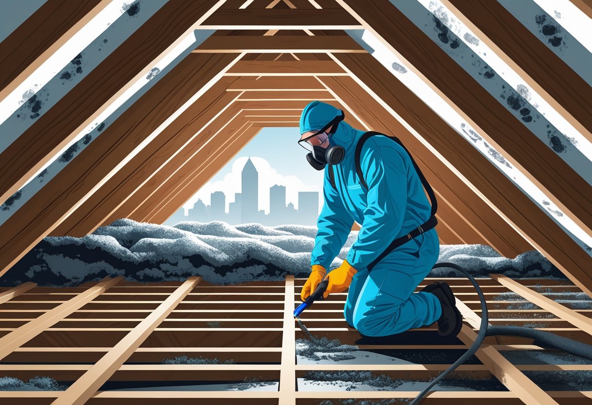 Cross-section of a residential attic showing mold on wooden beams with a worker in protective gear inspecting the area.