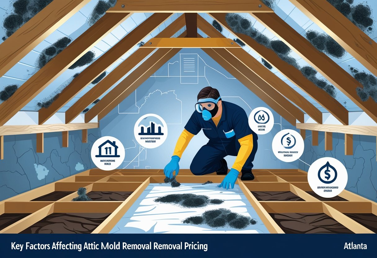 A technician in protective gear inspecting mold in a residential attic with visible mold patches and graphical icons representing factors affecting mold removal pricing.