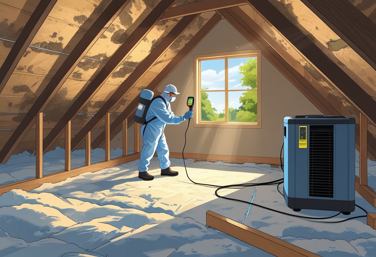 A clean attic with wooden beams and insulation, a technician inspecting the area with equipment, sunlight coming through a window, and ventilation devices present.